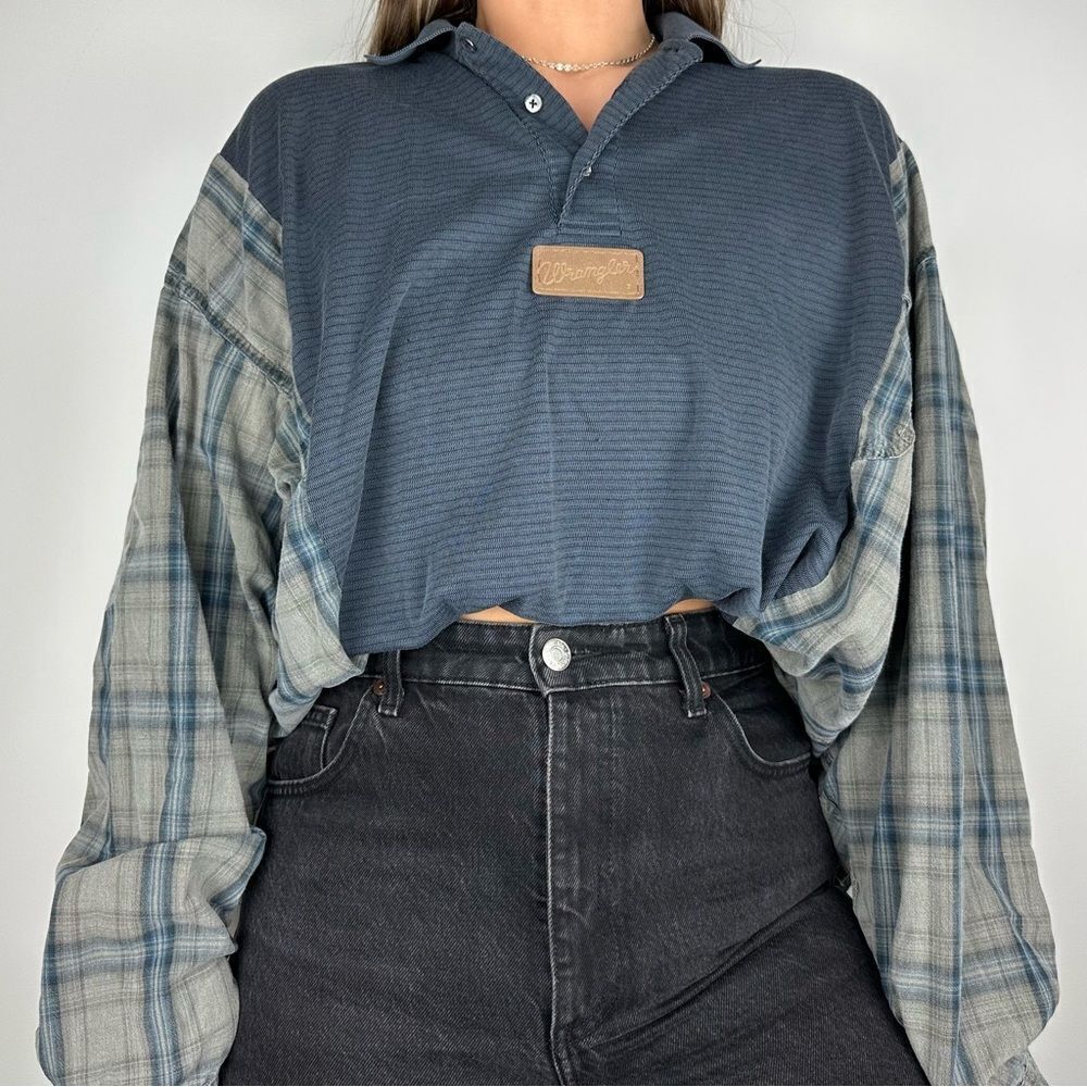 Reworked Wrangler Country Upcycled Blue Long Sleeve Plaid Pullover Shirt Top - Picture 4 of 4